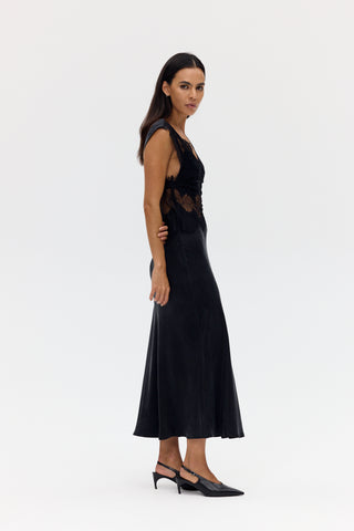 Visions Lace Deep V Maxi Dress - Ebony