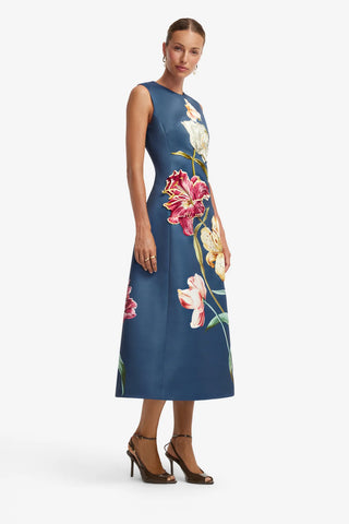 Embroidered Sleeveless Midi Dress - Lily Print in Indigo