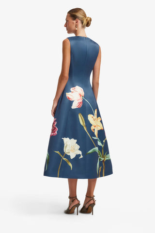 Embroidered Sleeveless Midi Dress - Lily Print in Indigo