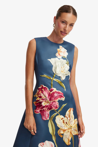 Embroidered Sleeveless Midi Dress - Lily Print in Indigo