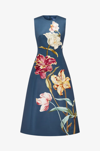 Embroidered Sleeveless Midi Dress - Lily Print in Indigo