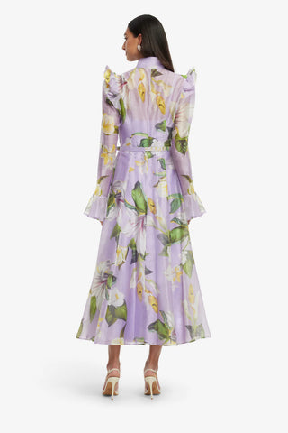 Katrina Butterfly Sleeve Midi Dress - Lily Blossom Print in Lilac