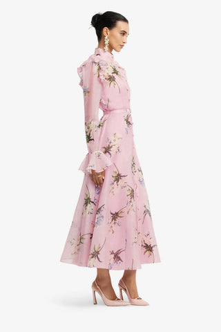 Katrina Butterfly Sleeve Midi Dress - Bouquet Print in Pastel Pink