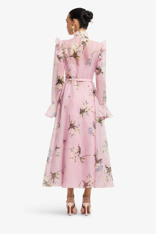 Katrina Butterfly Sleeve Midi Dress - Bouquet Print in Pastel Pink
