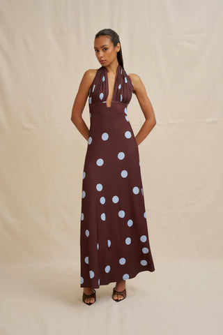 Paloma Polka Ankle Dress - Blue Brown Spot The Luxe Closet Australia Paloma Polka Ankle Dress - Blue Brown Spot The Luxe Closet Australia