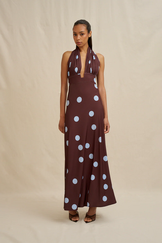 Paloma Polka Ankle Dress - Blue Brown Spot