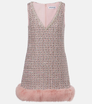 Pink Boucle Fur Hem Mini Dress