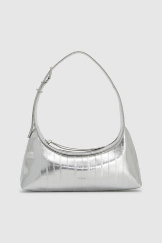 Silver metallic handbag on a white background